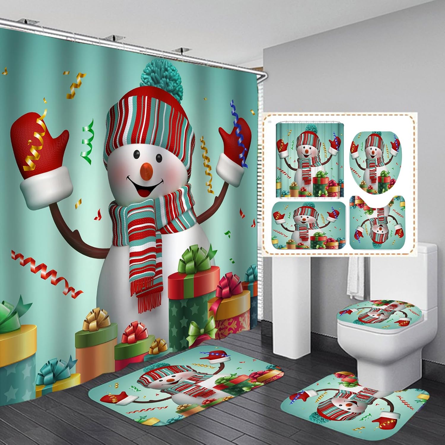 Christmas Cheer 4Pc Bathroom Set - Festive Santa Elk Snowman