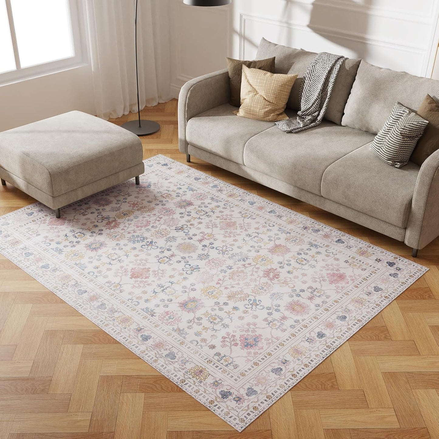 Durable Vinyl Rugs for Living Room with Vintage Floral Pattern