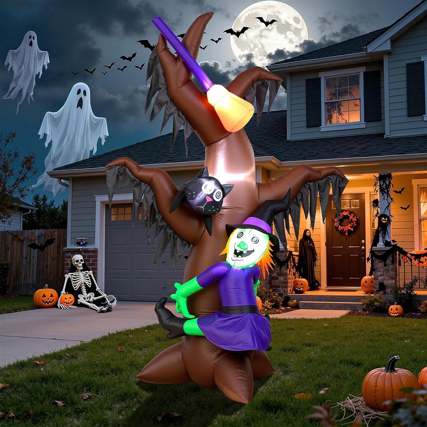 8FT Halloween Inflatables Witch Climbing Dead Tree for Yard