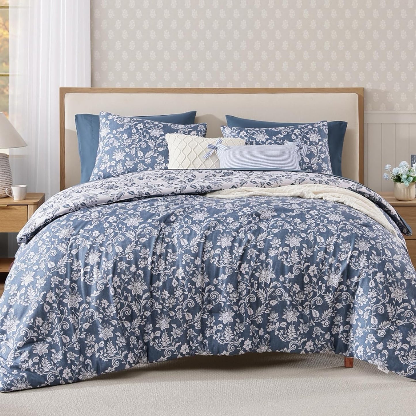 Queen Comforter Set - 7 Pieces Floral Oxford Blue for All Seasons