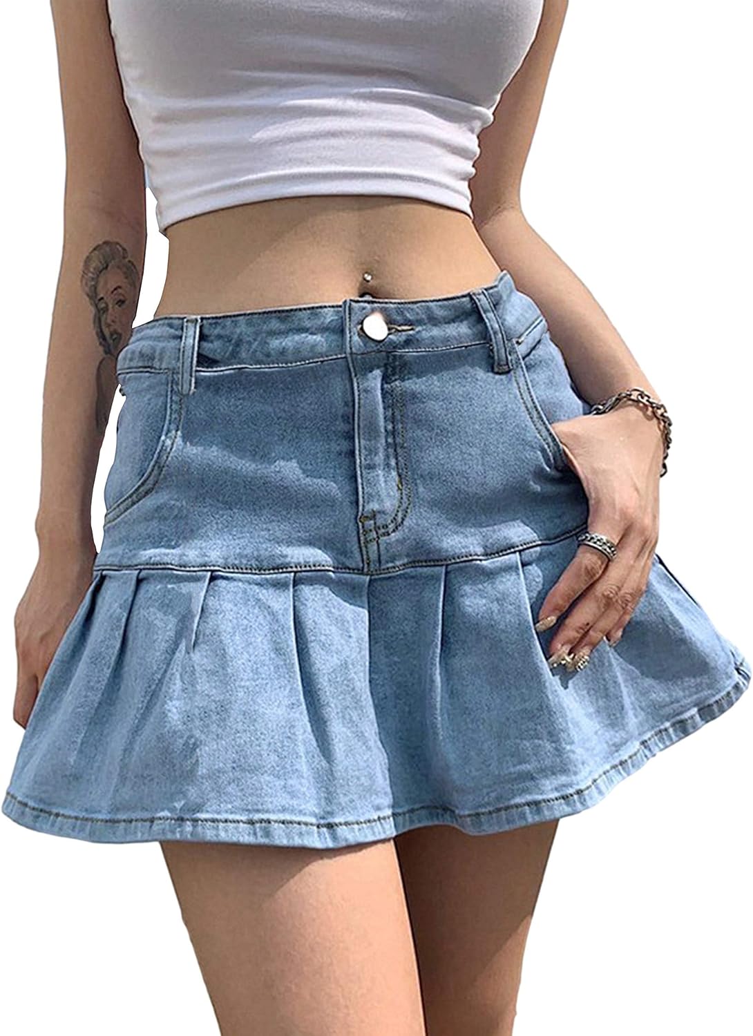 Tanming Women's Pleated Jean Skirt Casual A-Line Ruffle Mini