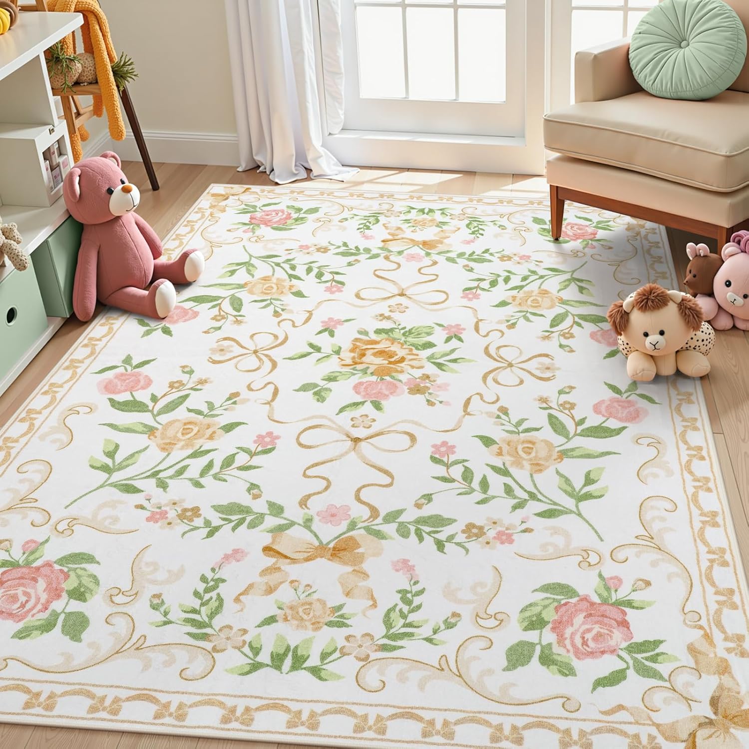 Collive Floral Rugs for Girls - 5x7 Boho Gold Bow Area Rug