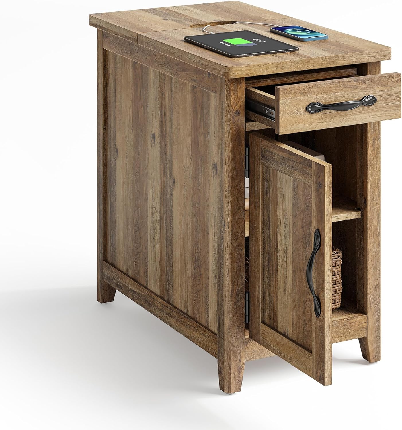 Farmhouse End Table with Charging Station for Living Room