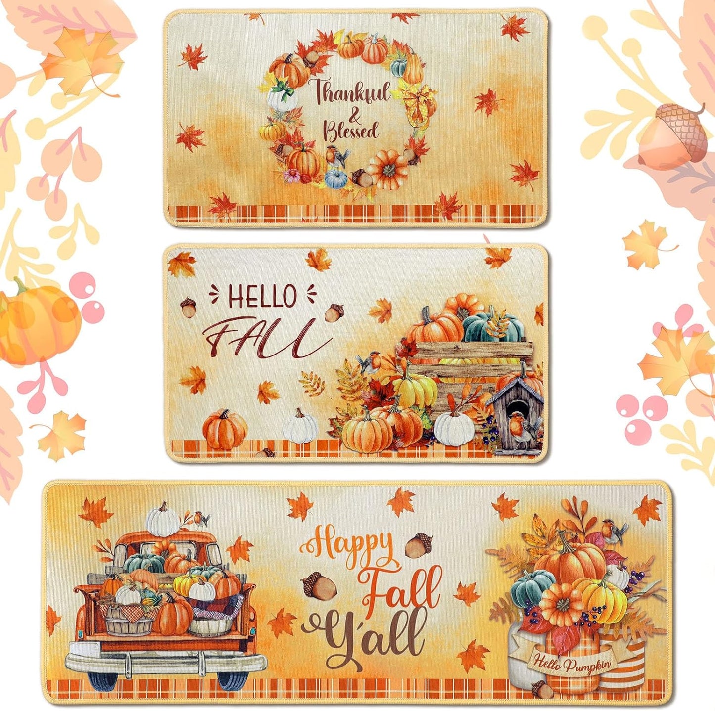 3 Pcs Fall Rugs and Mats Set for Autumn Kitchen Decor