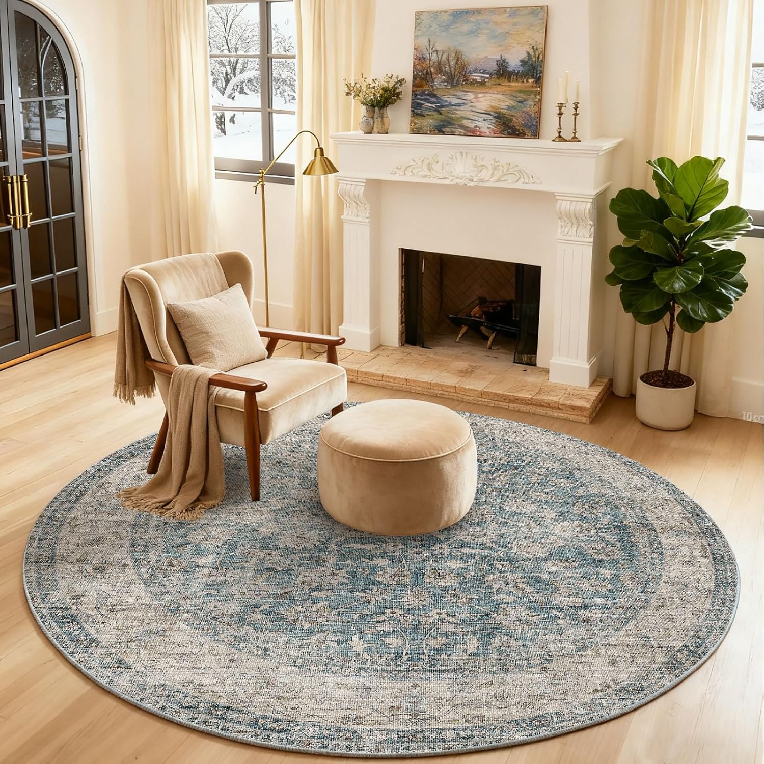 4x4 Round Living Room Rug: Washable Boho Non Slip Carpet