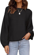 Women's Crew Neck Lantern Sleeve Ribbed Knit Sweater - Cozy Fall