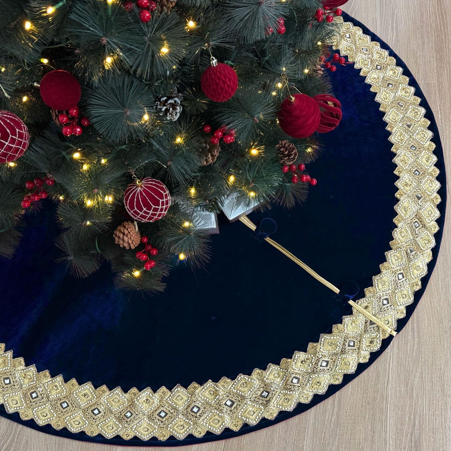 60-Inch Velvet Christmas Tree Skirt with Gold Embellishments