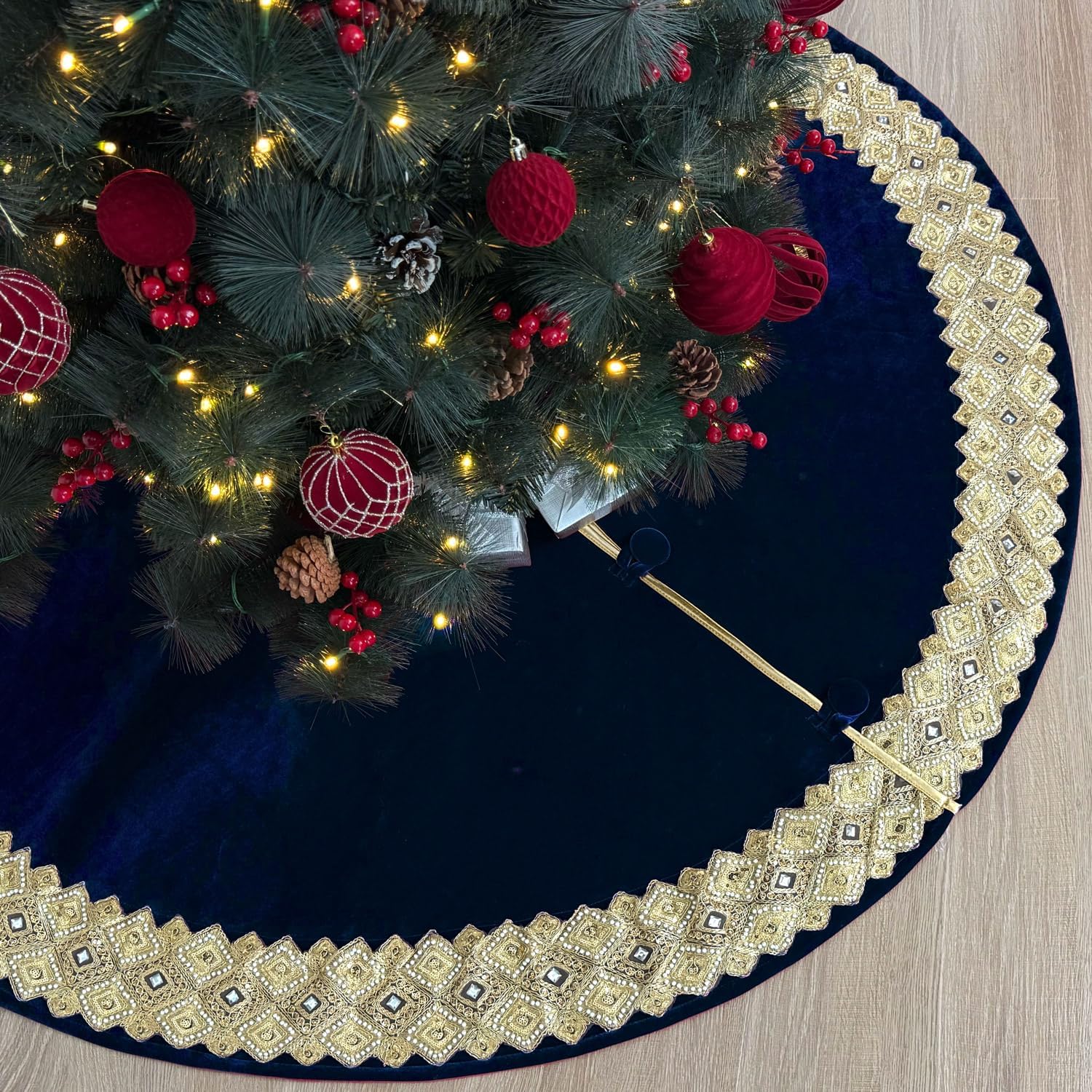 60-Inch Velvet Christmas Tree Skirt with Gold Embellishments