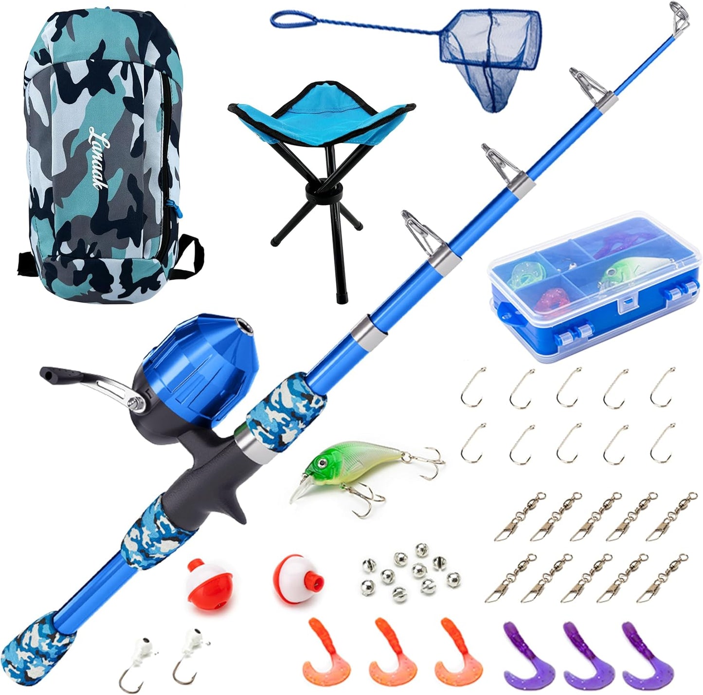 Kids Fishing Pole Set with Tackle Box and Net for Ages 5-10