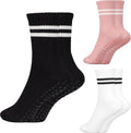 Pilates Socks with Grips for Women - 3 Pairs Non Slip Crew Socks