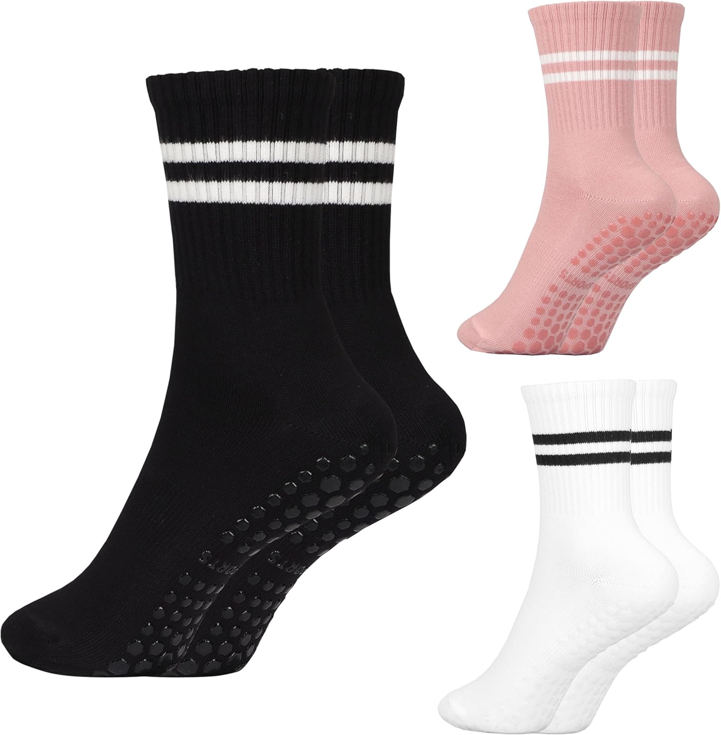 Cotton Non Slip Pilates Socks - 3 Pairs Grip for Barre, Yoga
