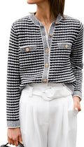 Striped Cropped Cardigan Sweater - Casual Open Front Button Down