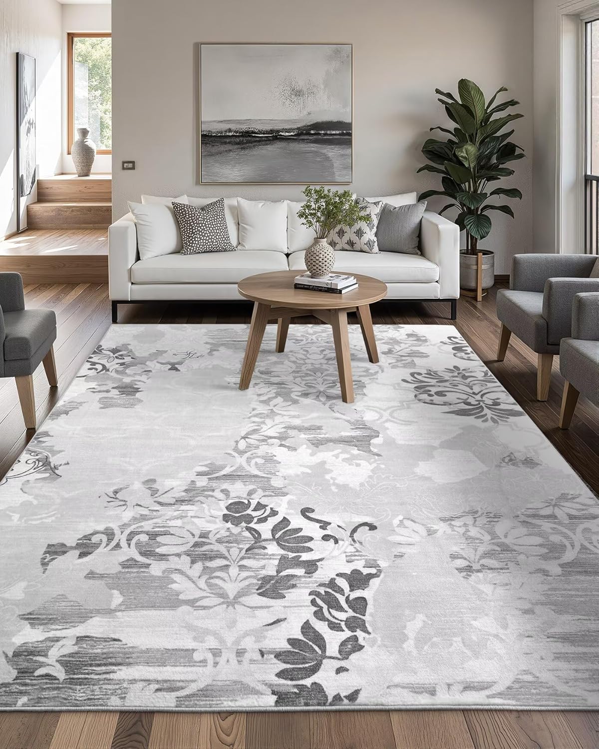 Washable Abstract Rug, 6x9 Grey and White Floral Area Rug