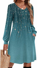 Fall Dresses for Women Long Sleeve Pleated V Neck A-Line - Comfortable
