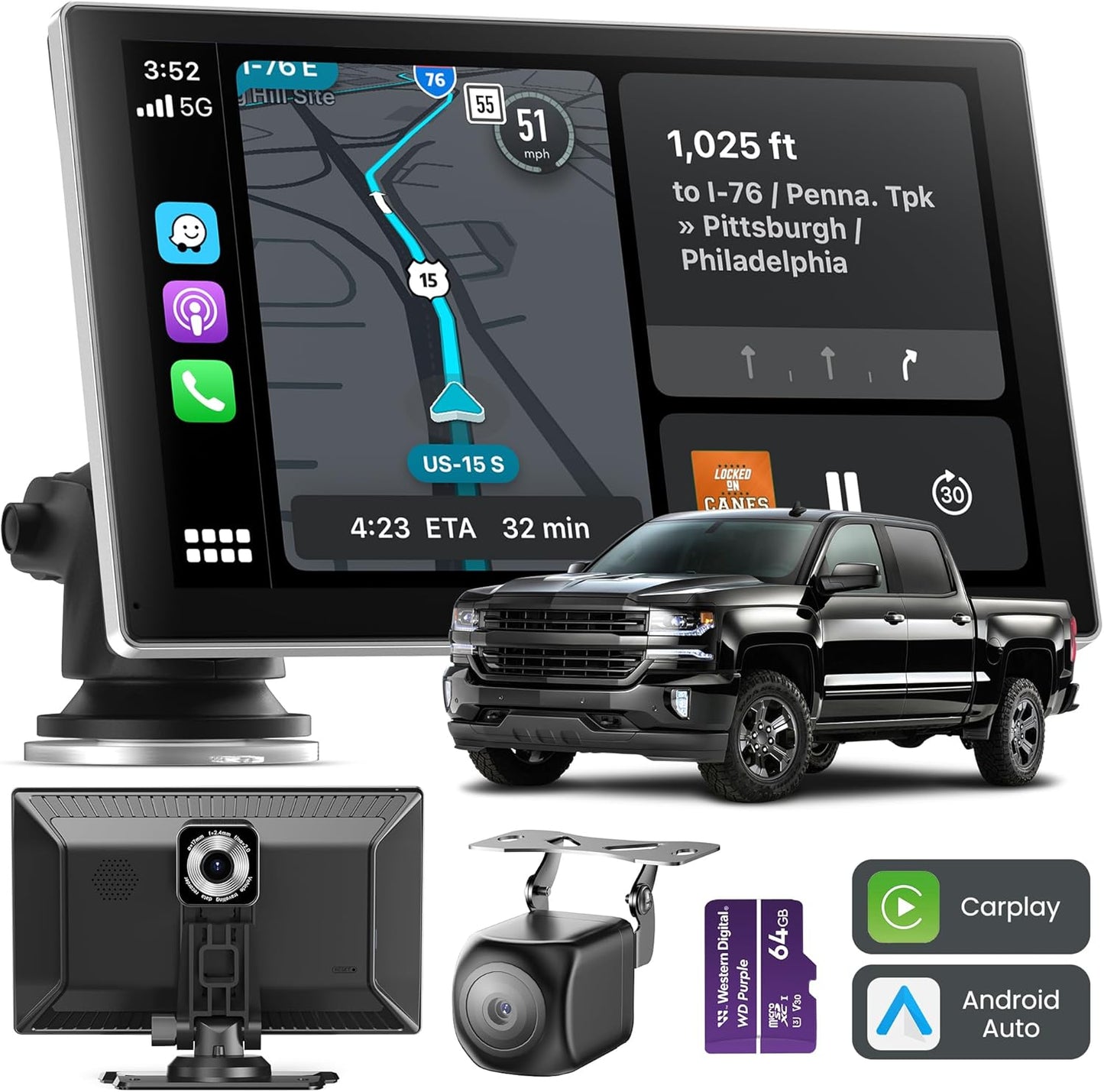 Portable Wireless Carplay Screen with 4K Dash Cam and Audio