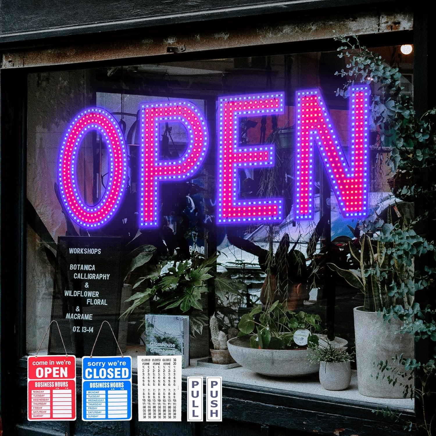 Dimmable LED Open Sign for Business - Eye-Catching 40x14 in Red & Blue