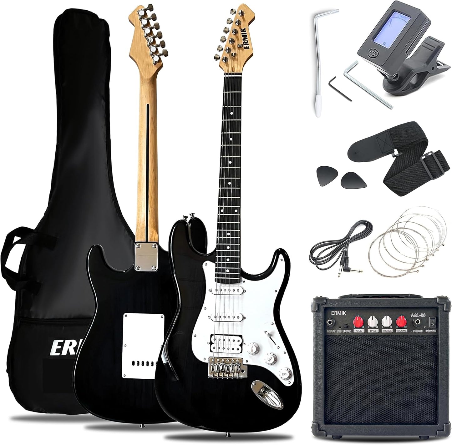 Ermik Solid Body Electric Guitar Kit with 20W Amp and Accessories