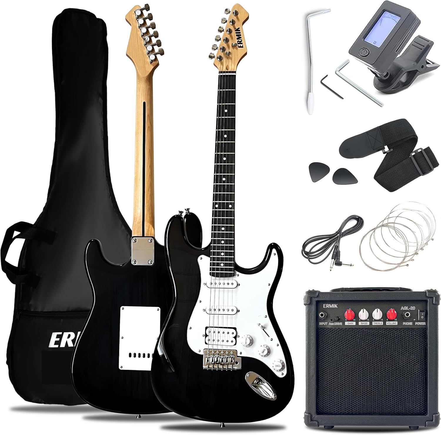 Ermik Solid Body Electric Guitar Kit with 20W Amp and Accessories