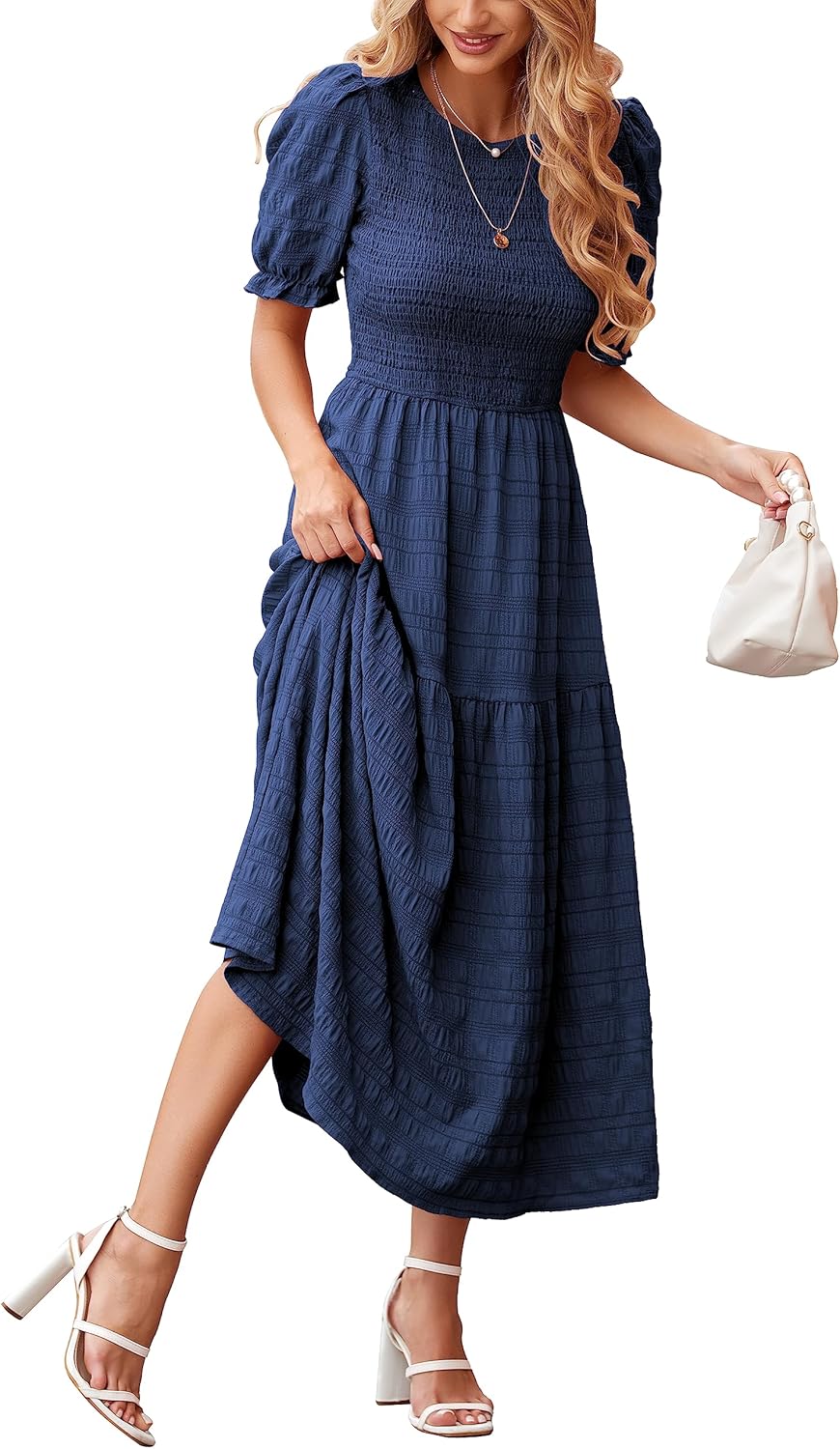 Dowerme Womens Summer Dresses Casual Puff Sleeve Maxi Sundress