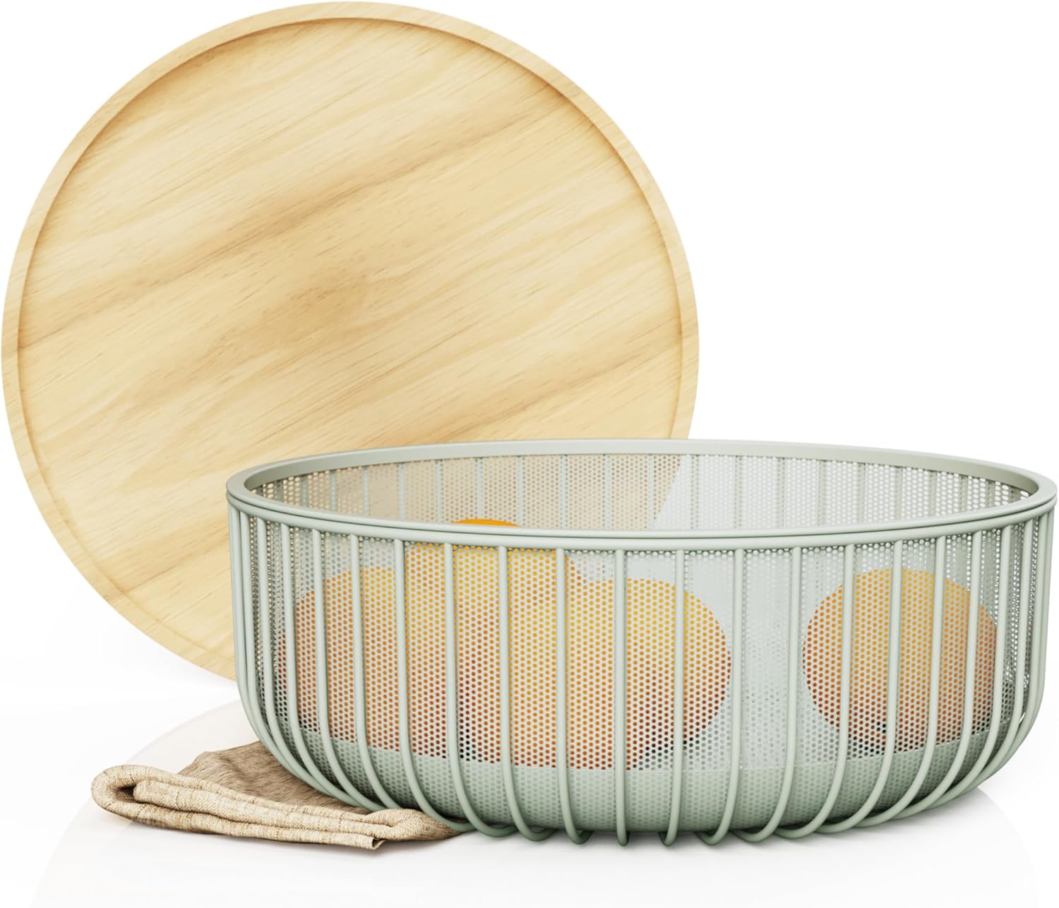 Metal Wire Mesh Fruit Baskets with Wooden Lid for Freshness