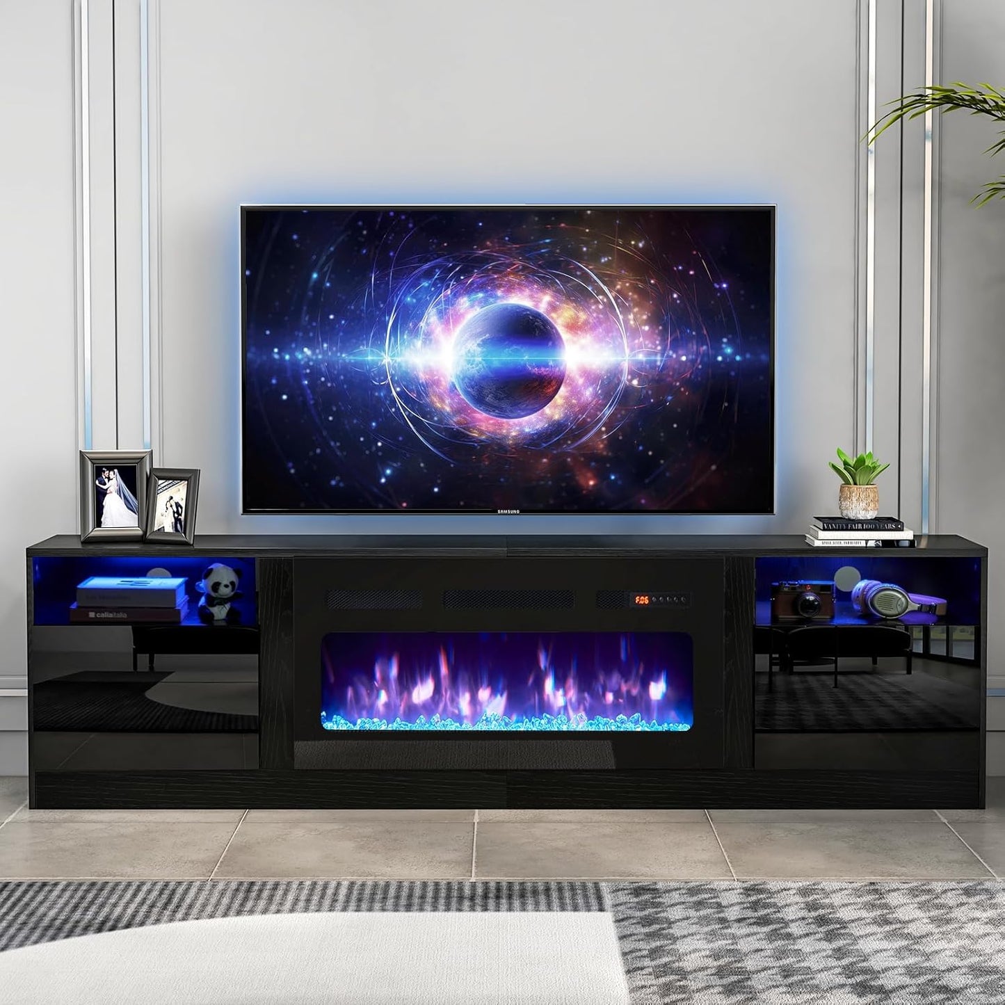 oneinmil 80 TV Stand with Electric Fireplace and LED Lights