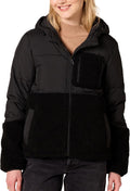 Womens Full-Zip Sherpa Fleece Hooded Puffer Jacket - Cozy Mixed Media