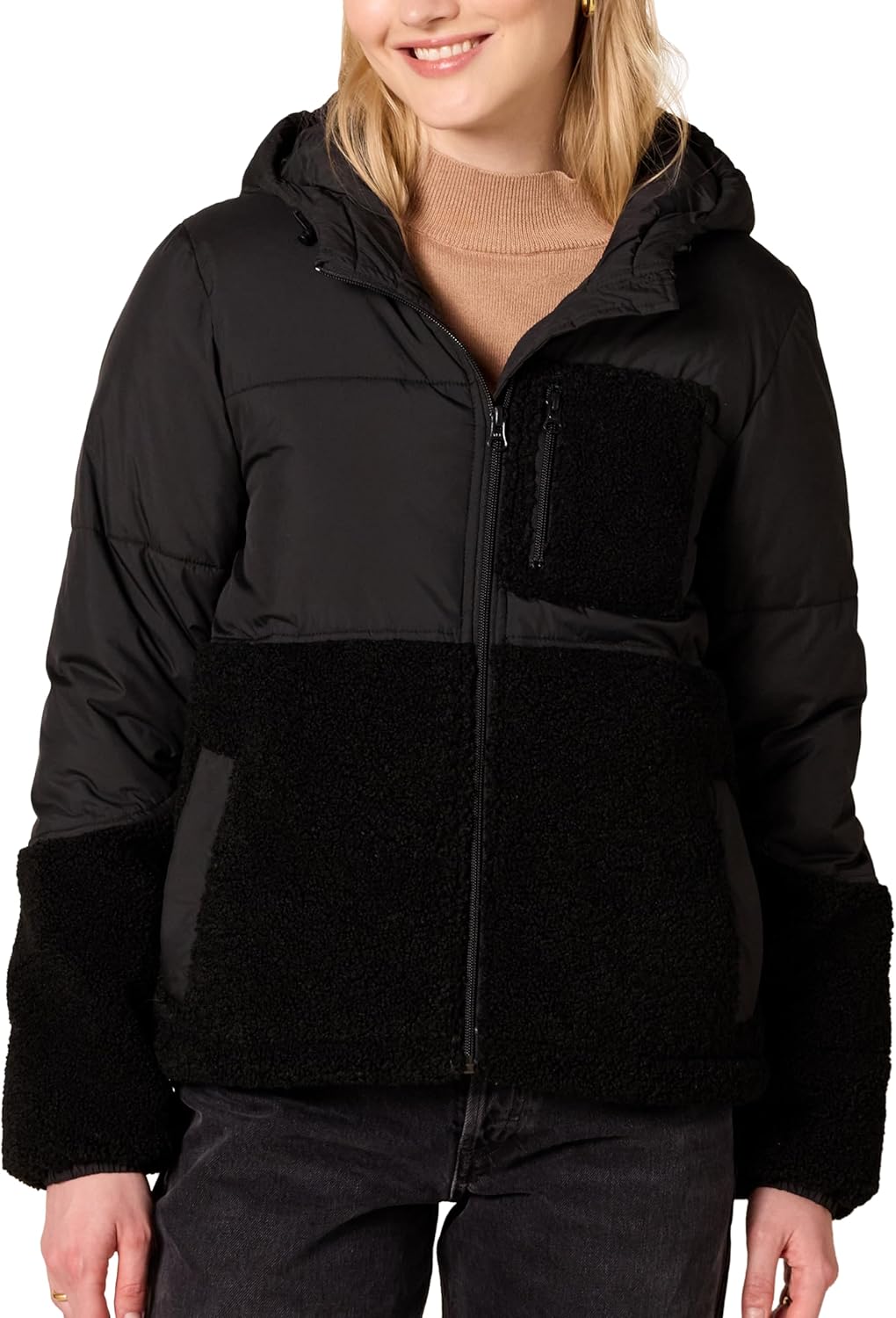Full-Zip Sherpa Fleece Hooded Puffer Jacket for Women