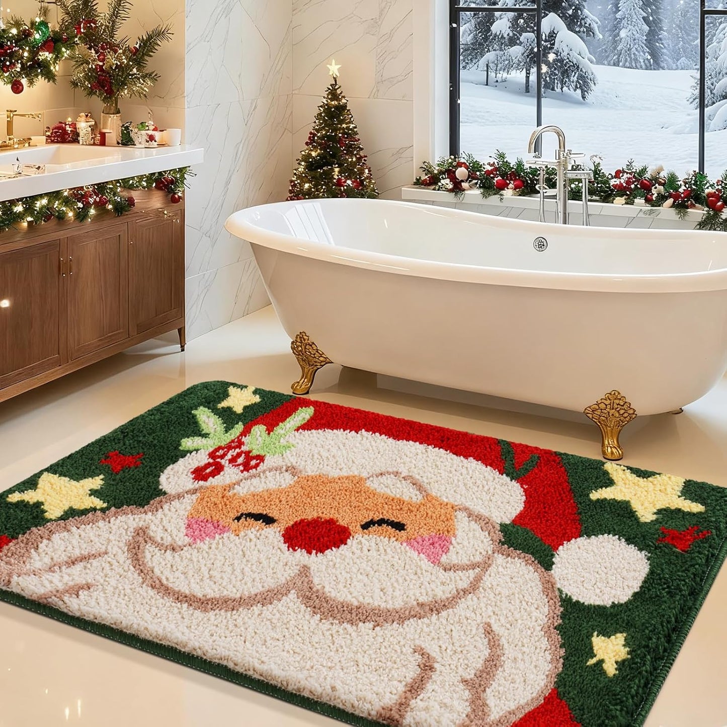 Christmas Bathroom Rug Soft Microfiber Non-Slip Plush Mat Green