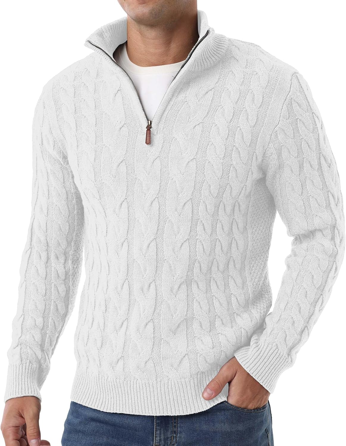 Askdeer Men's Quarter Zip Sweater - Classic Cable Knit Pullover