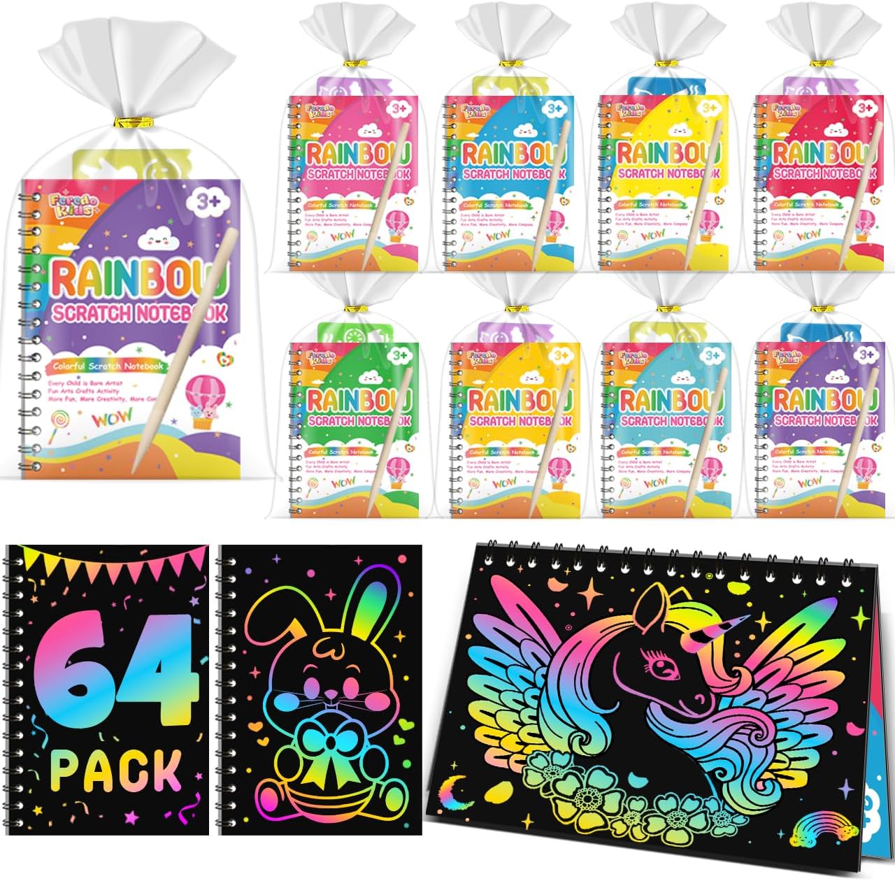 Scratch Art Party Favors for Kids: 64 Pack Rainbow Notebooks