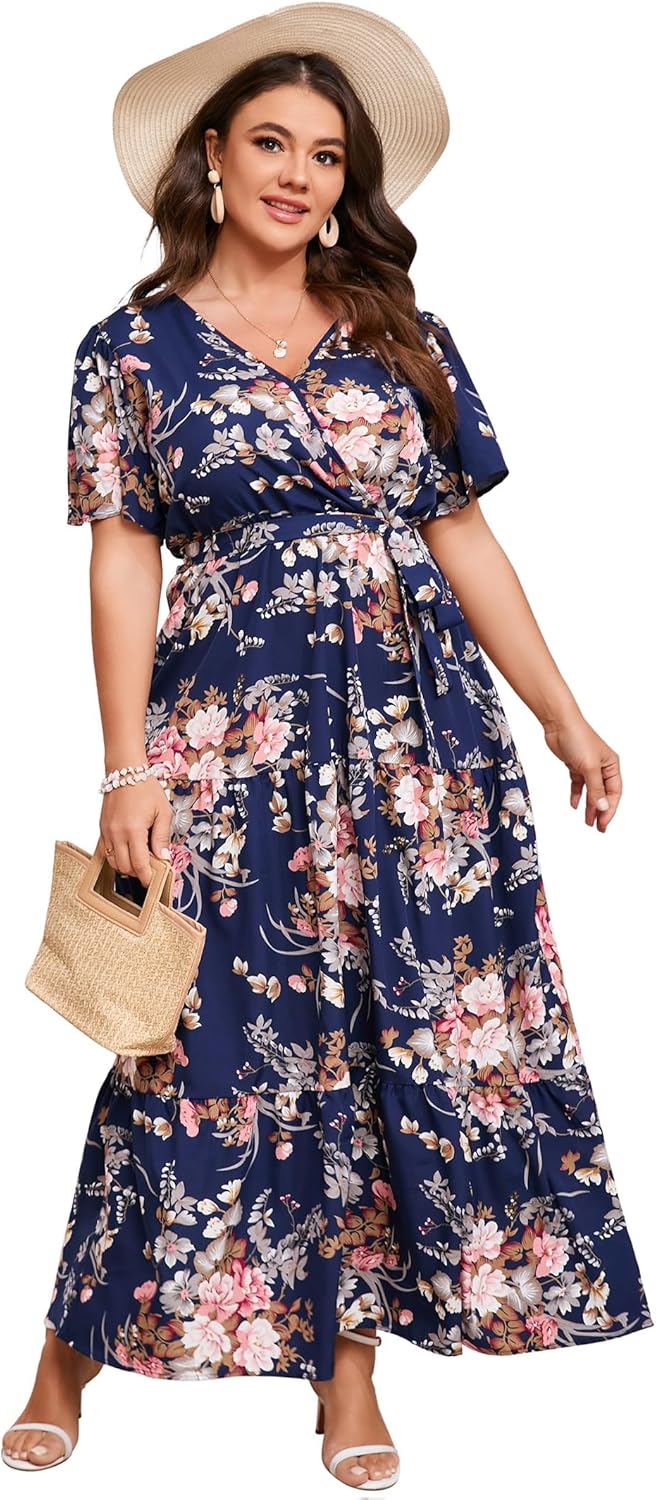 Plus Size V Neck Wrap Maxi Dress for Women with Ruffles