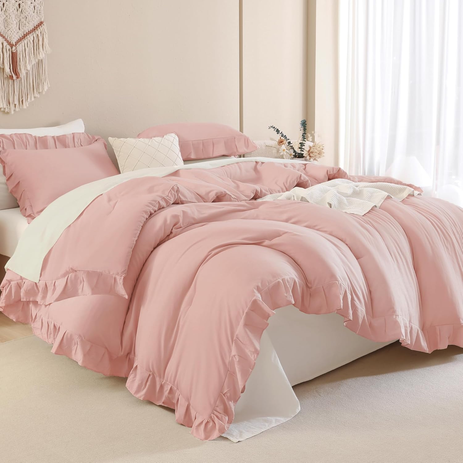 Blush Pink Ruffle Comforter Set for Queen Size Bedding Style