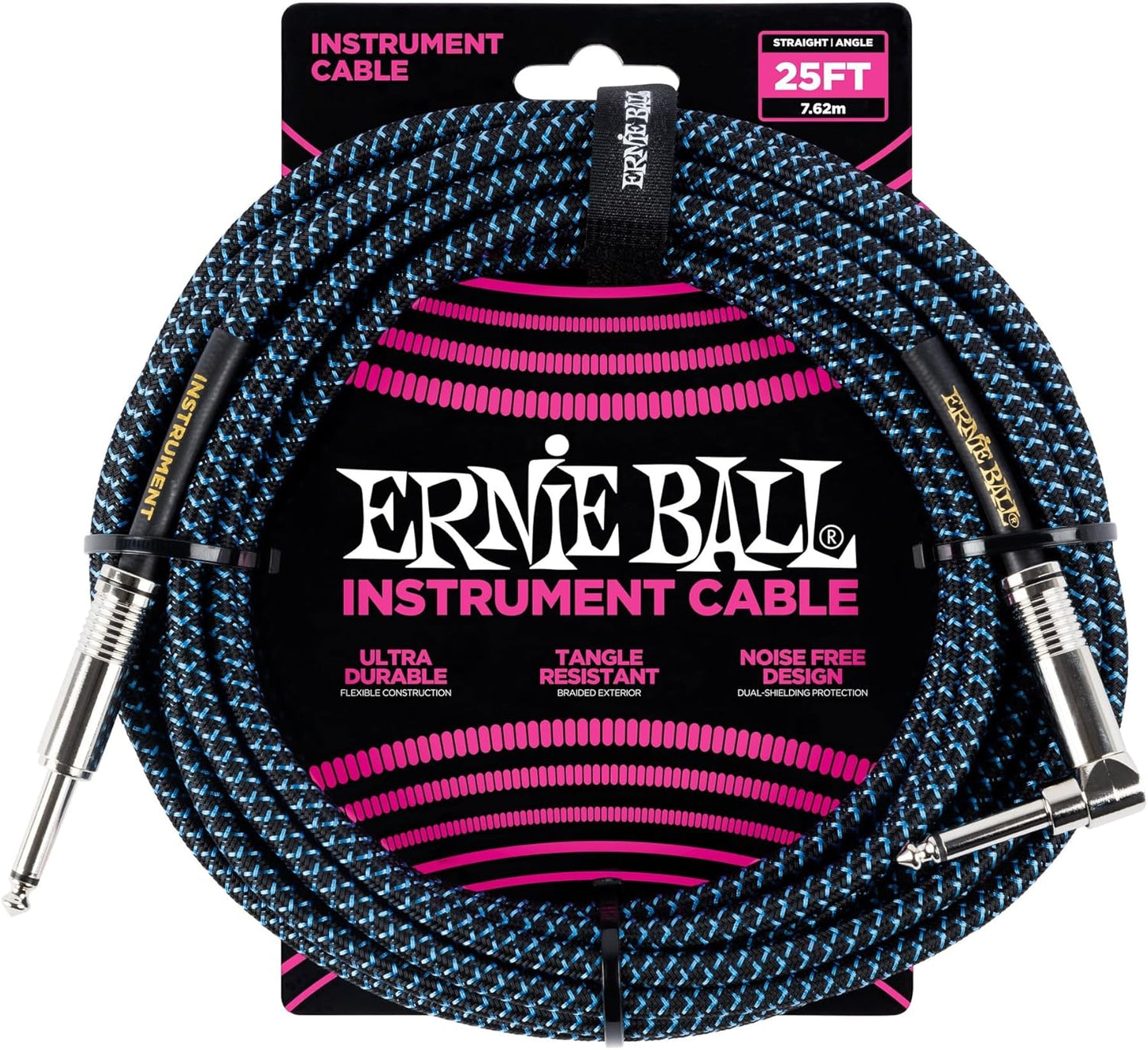 Ernie Ball Braided Instrument Cable, 25ft, Blue/Black Review