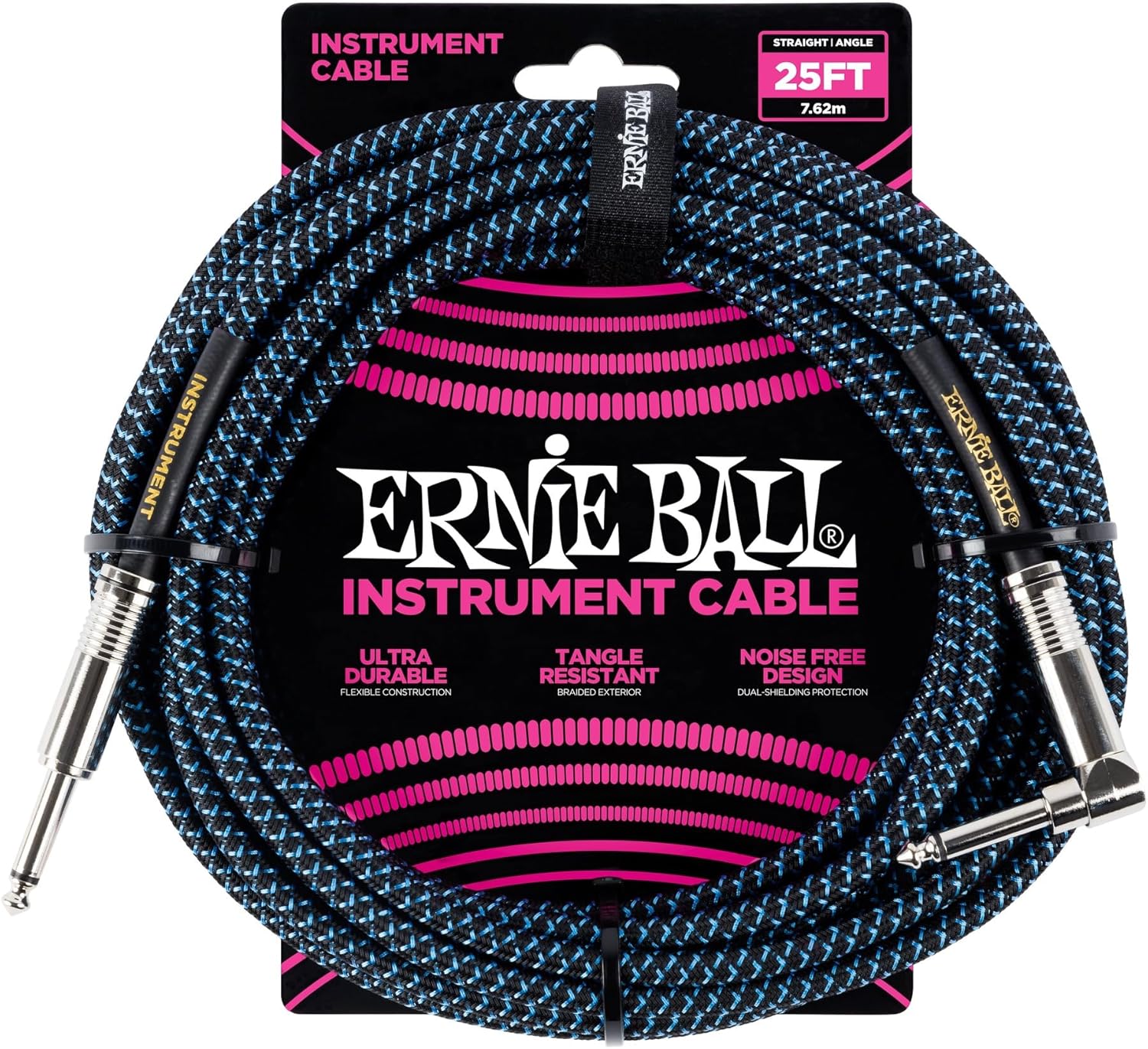 Ernie Ball Braided Instrument Cable, 25ft, Blue/Black Review