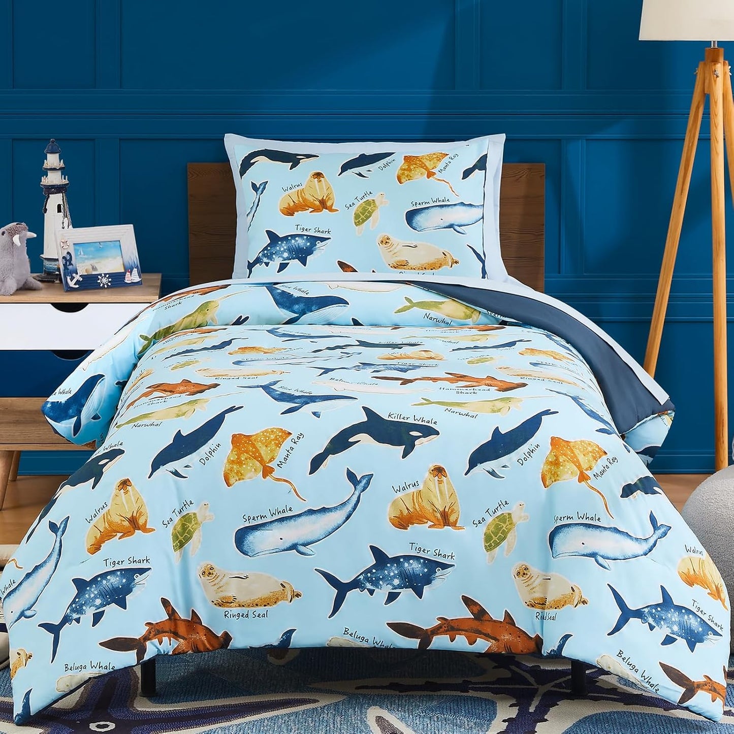 Twin Comforter Set for Boys with Ocean Animals Glow in Dark