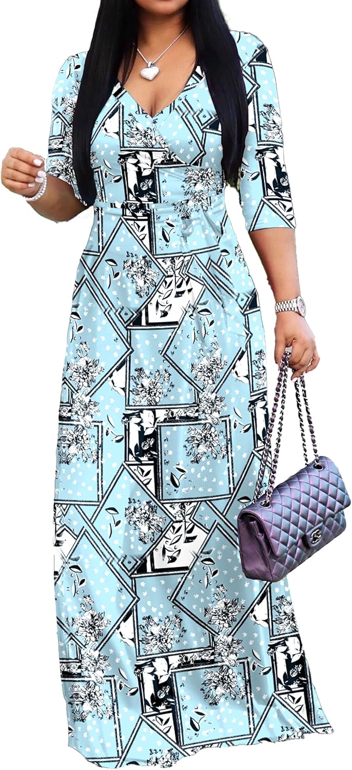 Stylish Women's Casual Sexy V Neck 3/4 Sleeves Maxi Dress