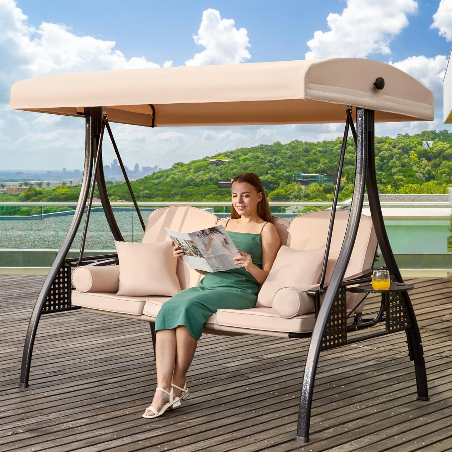 3 in 1 Outdoor Porch Swing with Adjustable Canopy for Comfort