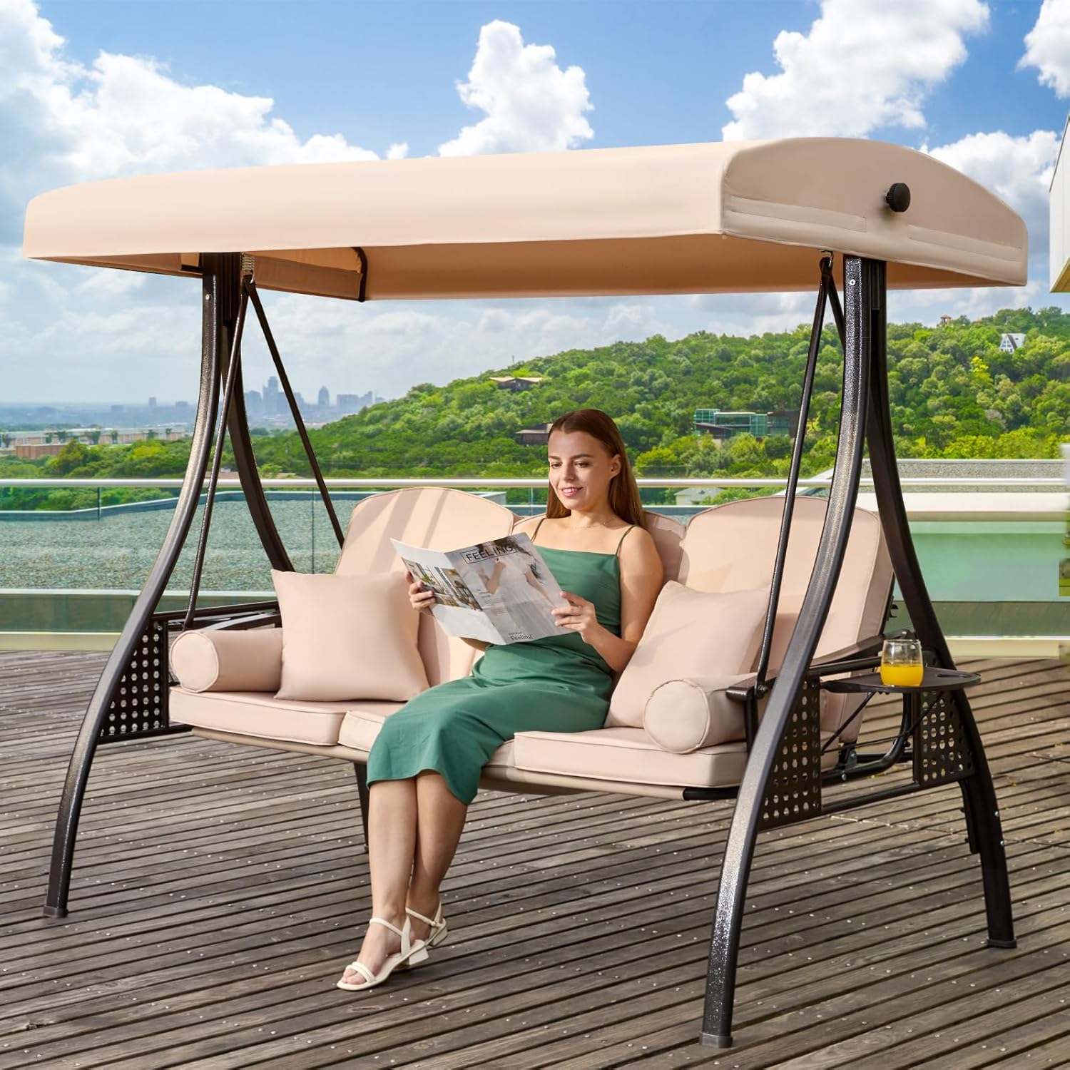 3 in 1 Outdoor Porch Swing with Adjustable Canopy for Comfort