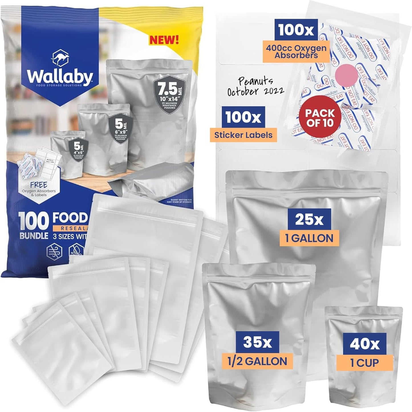 Wallaby Multi-Size Mylar Bags with Oxygen Absorbers for Storage