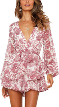 Womens Floral Print Romper V Neck Long Sleeve Ruffle Hem - Flowy Shoes