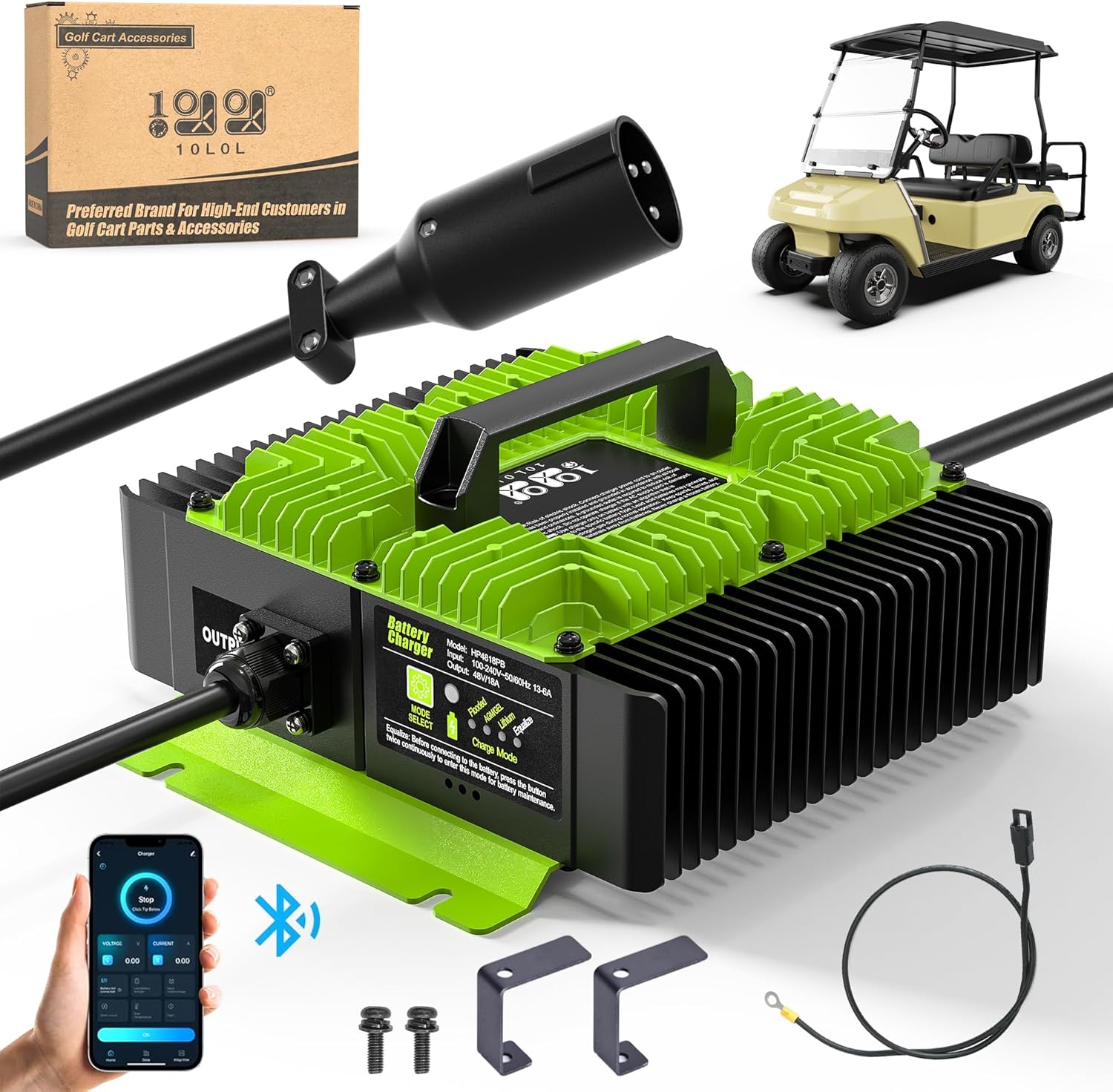 Fast Charge Golf Cart Battery Charger - Bluetooth Control, 18A, 17.5ft Cable