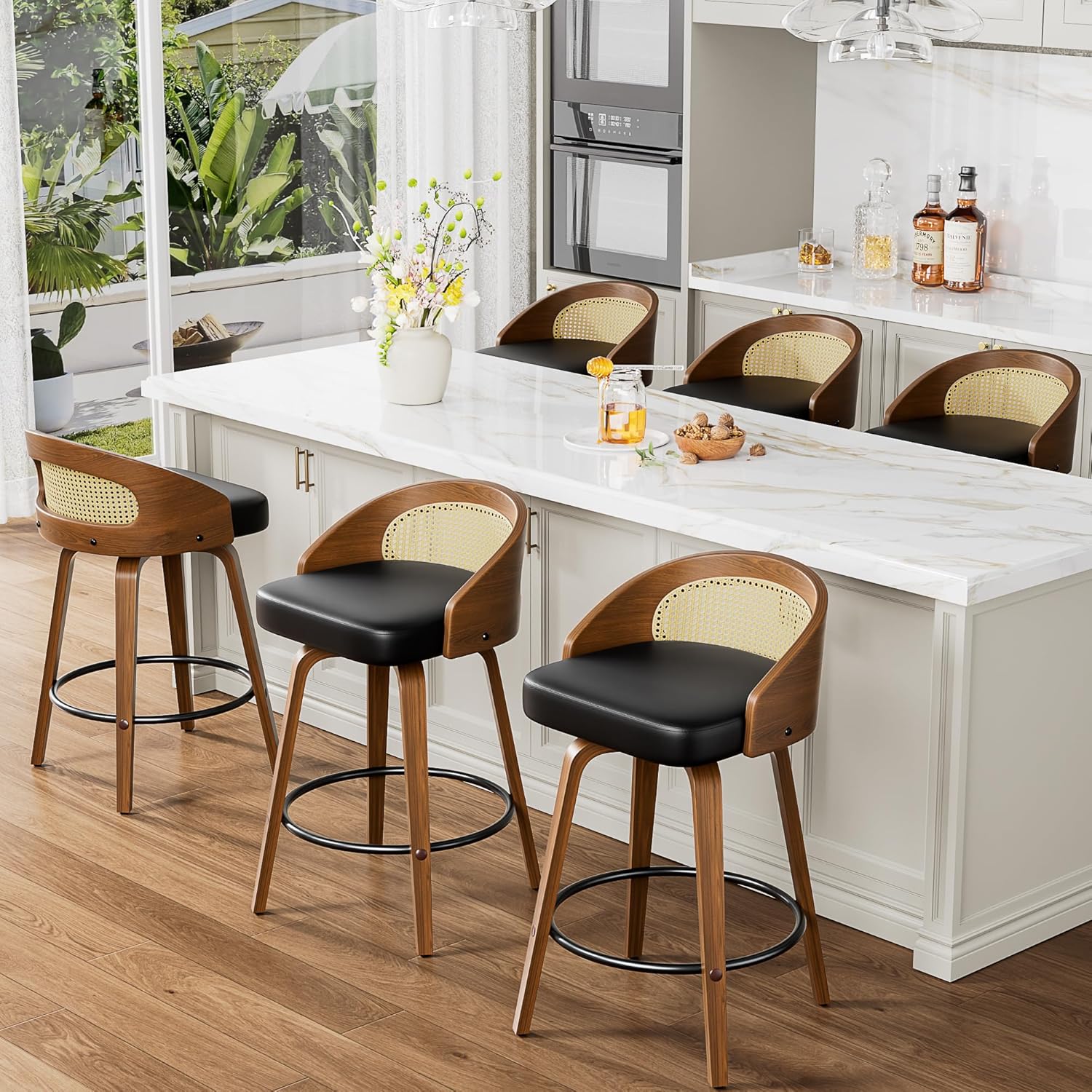 Swivel Bar Stools Set of 6, 26 in Upholstered Faux Leather