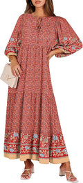 Boho Maxi Dress V Neck Puff Sleeve Floral Swing - Casual Elegant