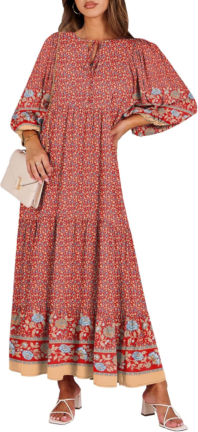 Boho Maxi Dresses for Women - Floral V Neck Puff Sleeve Style