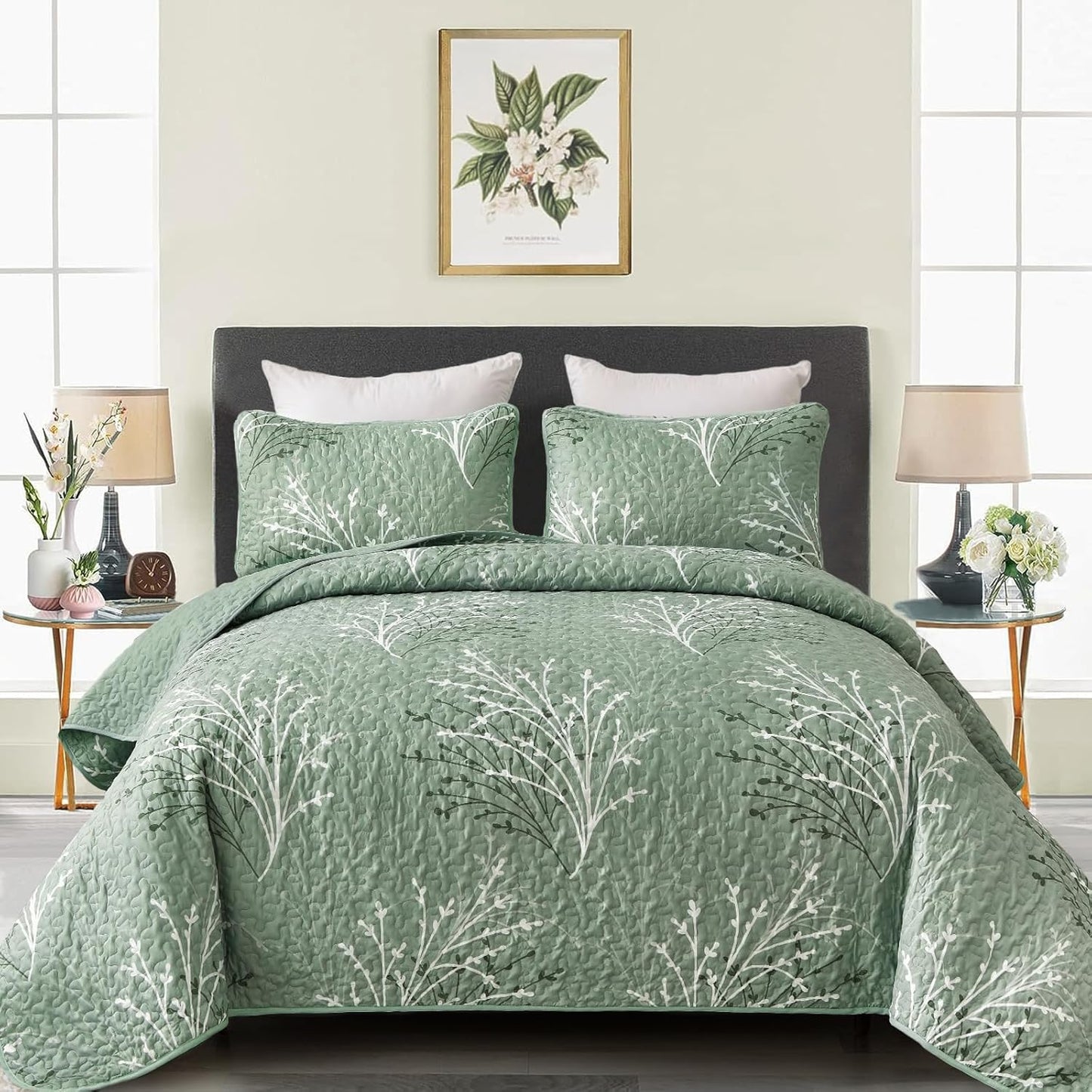 Sage Green Quilt Set Queen Size - Elegant Botanical Design