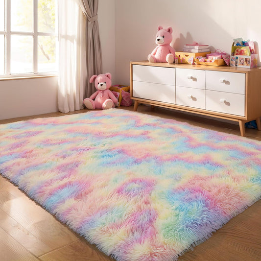 5x8 Rainbow Shaggy Unicorn Kids Rug for Girls Bedroom Decor