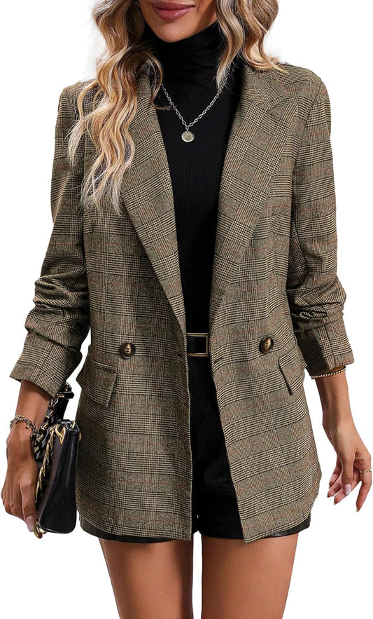 Mina Self Women's Plaid Houndstooth Blazer Jacket for Work