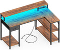Reversible L Shaped Desk with LED Lights & Power Outlets - Compact