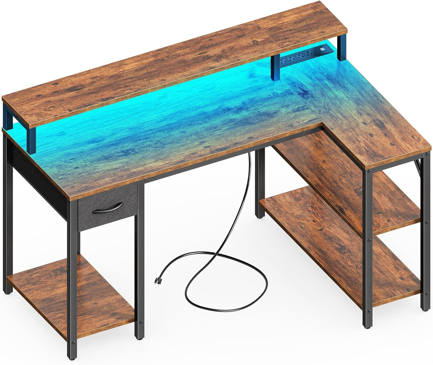 Reversible L Shaped Desk with LED Lights & Power Outlets