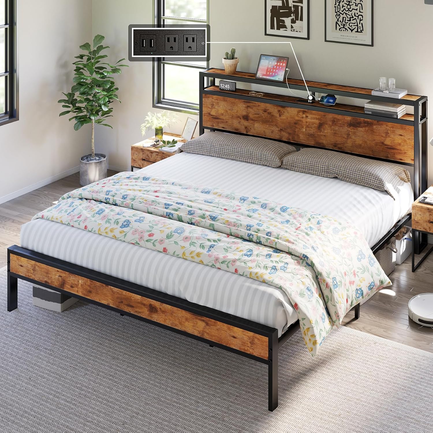 AMERLIFE King Size Bed Frame with Charging Station and Storage